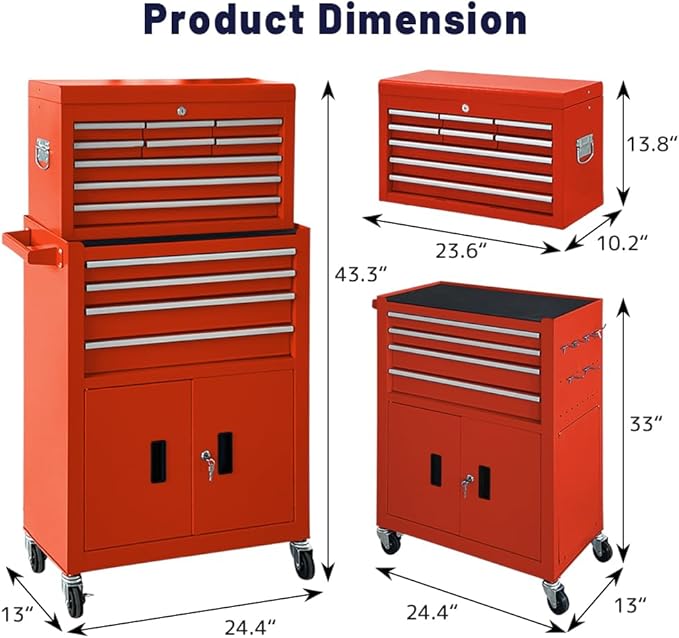 13-Drawer Rolling Tool Chest with Double Doors, 2 in 1 Detachable Rolling Tool Chest with Drawers, Metal Large Lockable Tool Box£¬Mobile Tool Cabinet Combo for Garage Workshop (Red)