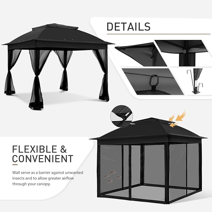 COOS BAY 11x11 Pop Up Gazebo with Mesh Netting, Instant Outdoor Canopy Tent, Water Resistant Shelter with UPF 50+ UV Protection, 121 Sq Ft Coverage, Black