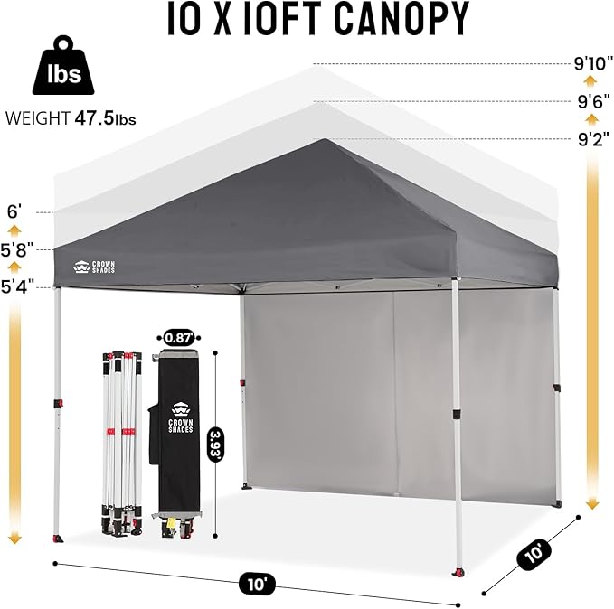 CROWN SHADES 10X10 Comercial Instant Canopy Pop Up Tent with Center Lock (10x10 with 4 Sidewalls, Grey)