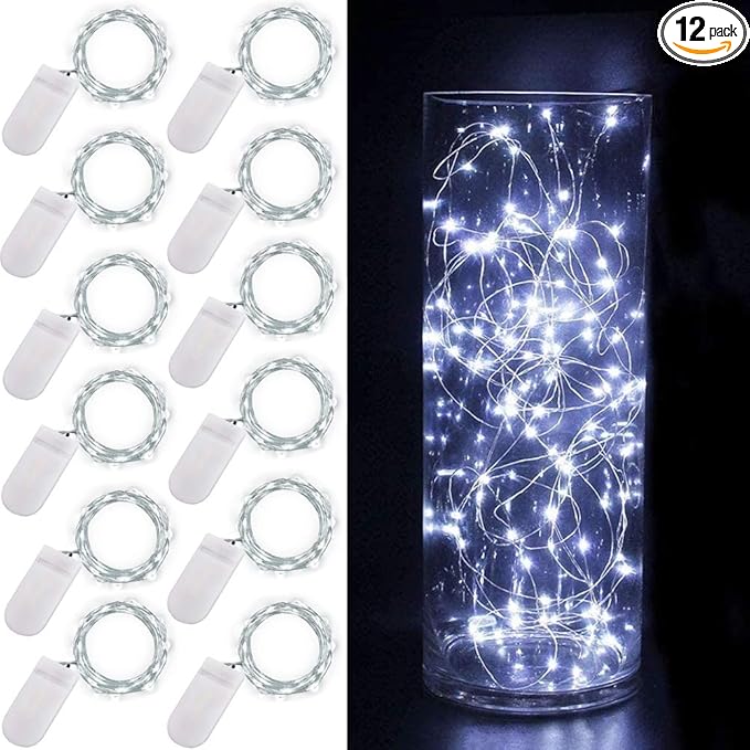 Fairy Lights Battery Operated, 12-Pack Mini String Lights, 20 LED 7ft Twinkle Firefly Starry Lights for DIY Craft Mason Jar Bedroom Wedding Party Table Christmas Decoration (Cool White)