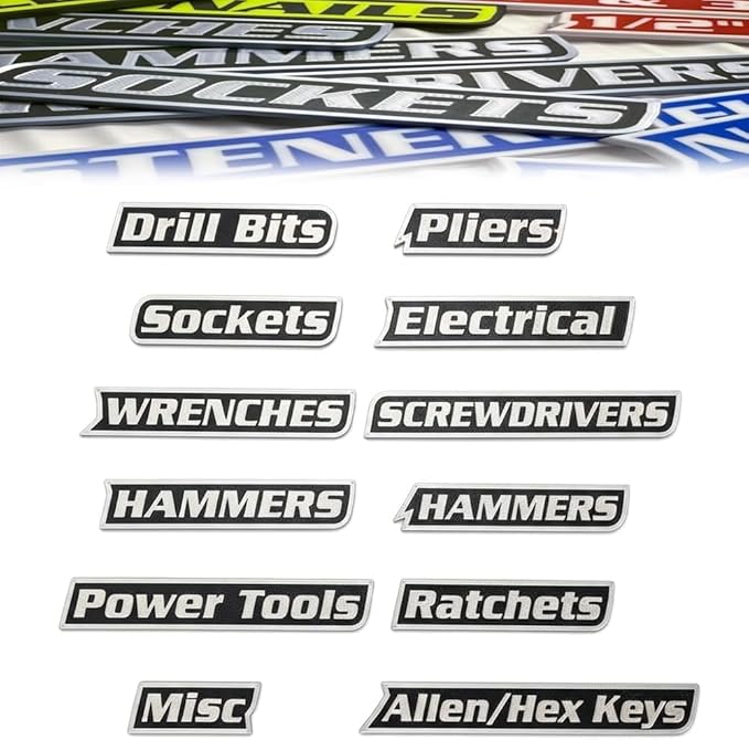 12 Pack of Magnetic Toolbox Labels, 3D-Printed Tool Box Labels, General Tool Box Organize Accessories, Reusable Tags for Steel Toolboxes, Carts, Drawers, and Cabinets (Black)