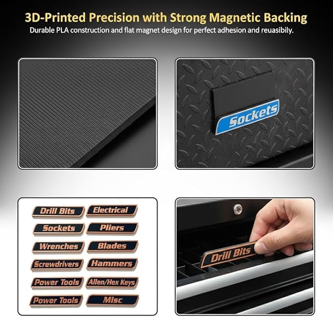 12 Pack of Magnetic Toolbox Labels, 3D-Printed Tool Box Labels, General Tool Box Organize Accessories, Reusable Tags for Steel Toolboxes, Carts, Drawers, and Cabinets (Black)