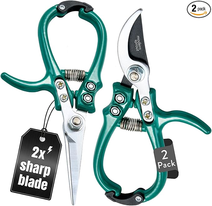 Modern Sprout Hand Pruners & Shears Set - Lightweight Gardening Tools W/Easy Lock - Sharp Carbon Steel Blades -Rust Resistant Scissors for Herbs, Flowers - Reusable Holster - Ocean