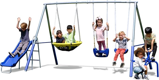 Sportspower Taylor 700lbs Galvanized Metal Swing Set for Kids for Backyard & Outdoors with Teeter-Totter, Saucer & Standing Swings, & 5ft Slide, 7.55' D × 13.88' W × 6.07' H, Bonus Anchor Kit