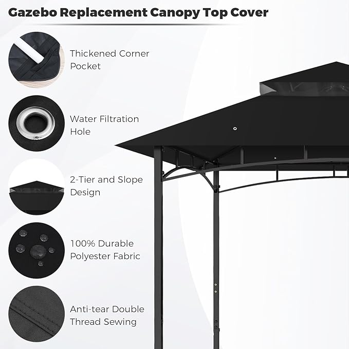 Gazebo Replacement Canopy Top Waterproof Cover, Fits Model L-GZ136PST, Double-Tiered and UV-Resistant (Black)
