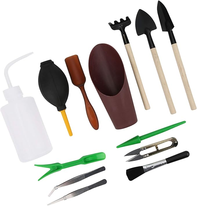 13pcs Mini Garden Tool Set Succulent Tools Bonsai Planting Kit with Stainless Steel Shovel Rake for Digging Watering Transplanting Indoor Plants