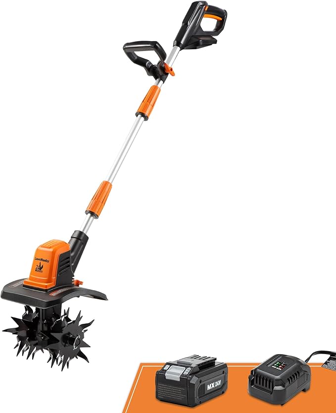 LawnMaster 24V MAX Cordless Tiller Cultivator, Lightweight Electric Garden Tiller, with 1* MAX 24V 4.0ah Battery&Charger, 4* Blade, 9In Tilling Width & 7In Depth for Weeding, Gardening & Cultivation