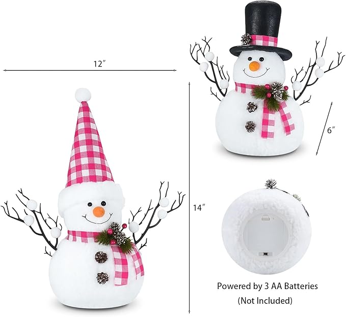 2 Pack Christmas Table Decorations, 14" Lighted Plush Snowmen FigurinesPastel Christmas Ornaments, Light Up Snowman Holiday Present, Battery Operated Xmas Gifts Indoor Tabletop Ornaments
