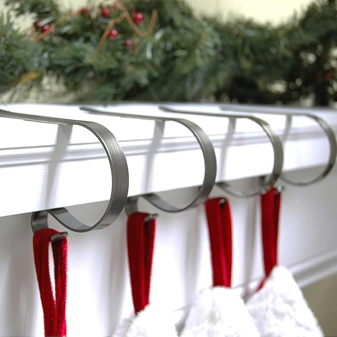 Haute Decor The Original MantleClip Stocking Holder - 4 Pack (Pewter) - Hang Christmas Stockings Safely and Securely from Mantels Up to 3 Inches Thick