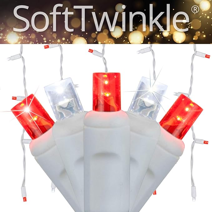 Wintergreen Lighting SoftTwinkle 70 Red and Cool White LED Icicle Christmas Lights, 7.5 ft White Wire Indoor/Outdoor Commercial Grade Pulsing Twinkle Holiday Lighting