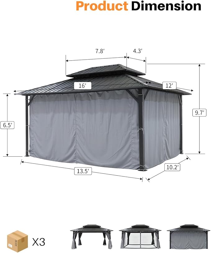 12' x 16' Hardtop Gazebo, Outdoor Patio Gazebo, Aluminum Frame Patio Hardtop Gazebos with Netting and Curtain, Outdoor Patio Pergola with Double Steel Roofs for Deck, Lawns, Garden, Slate Gray