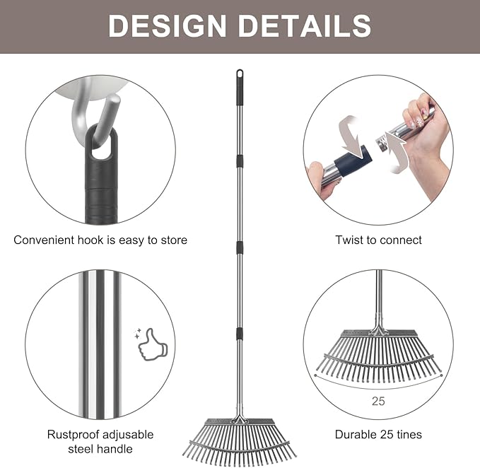 KeFanta Garden Leaf Rakes, Rake for Leaves Heavy Duty 25 Metal Tines 18.5 Wide, 62 Adjustable Long Handle Rakes for Lawns Yard Grass Flower Beds