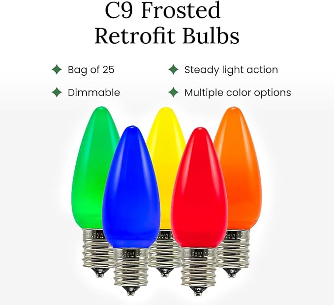 Pro Christmas SMD C9 LED Retrofit Bulb - Pro Pack of 25 Bulbs - Dimmable Energy Efficient Outdoor Waterproof Lighting for Holiday Decor, Christmas Trees - Frosted Smooth - Red