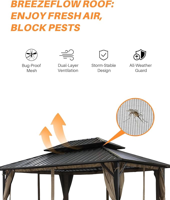 12' x 16' Hardtop Gazebo, Outdoor Patio Gazebo, Aluminum Frame Patio Hardtop Gazebos with Netting and Curtain, Outdoor Patio Pergola with Double Steel Roofs for Deck, Lawns, Garden, Sandstone