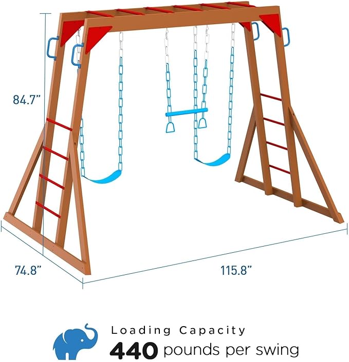 Dolphin Playground Wood Swing Sets for Backyard with Monkey Bar, Kids Outdoor Play Equipment, Outdoor Playset for Kids with Trapeze Swing Bar and 2 Belt Swings, Heavy Duty Playground Accessories