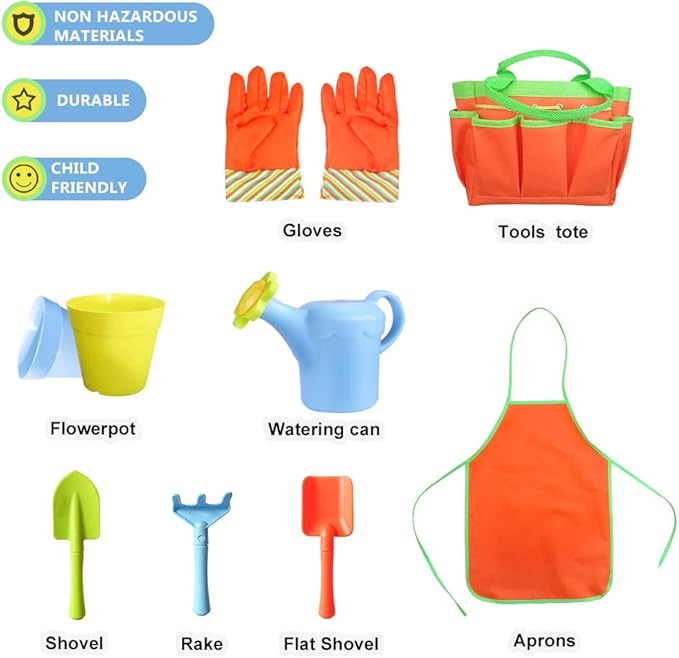 Kids Garden Tools Set with Sun Hat,Gloves,Apron,Storage Bag,Watering can,2pcs of Pots and 3pcs of Tools for Realing Gardening or Sand Outdoor Play