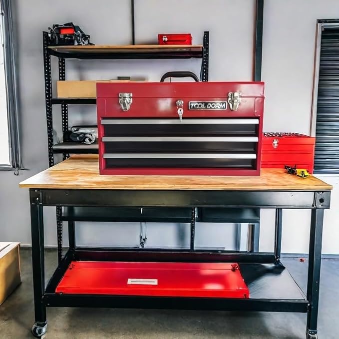 20.3¡° Metal Tool Box with Drawer Portable Steel Tool Box with Protective Liner and Latch Closure and Lock for Garage, Home and Warehouse (Red & Black-3 Drawers)