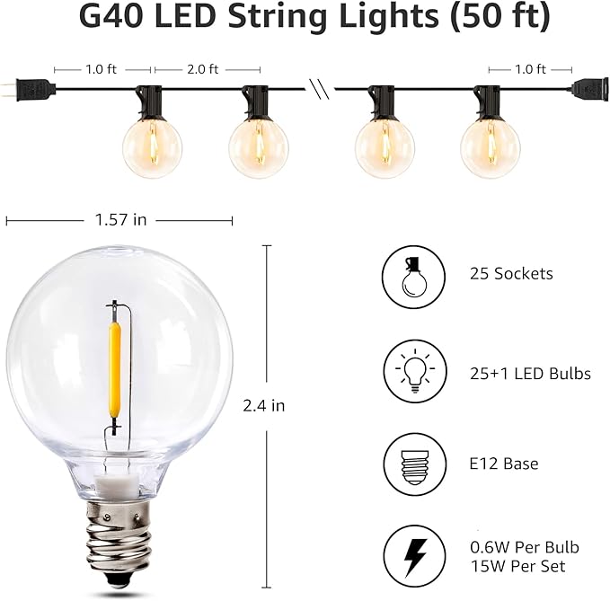 Lepro LED Outdoor String Lights for Patio, 50ft Bistro Lights with 26 Shatterproof G40 Globe Edison Bulbs, Waterproof Café Lights, Backyard Hanging Lights for Deck, Pergola, Porch, Garden, Gazebo