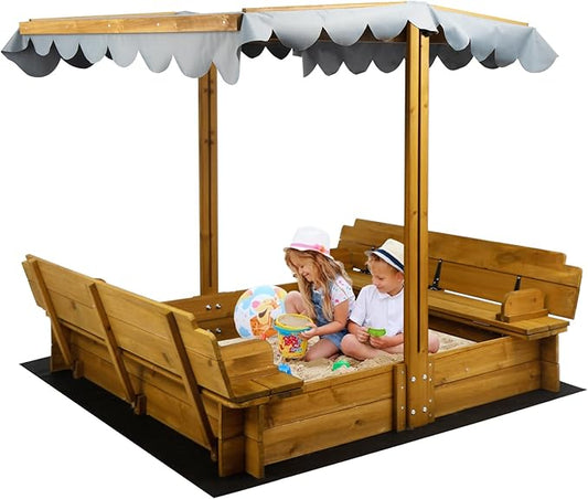Wooden Kids Sandbox with Lid, Outdoor Sand Box with Canopy and Two Foldable Bench Seats, Sandbox with Cover for Play, Backyard, Gift for Kids Aged 2-8, Bottom Liner & Adjustable Cover, 47''