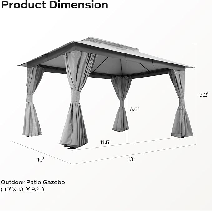 LAUSAINT HOME 10x13ft Outdoor Patio Gazebo with Double Roof, Heavy Duty Waterproof Gazebo Canopy Tent with Mosquito Netting for Backyard, Garden, Lawn & Wedding, Grey