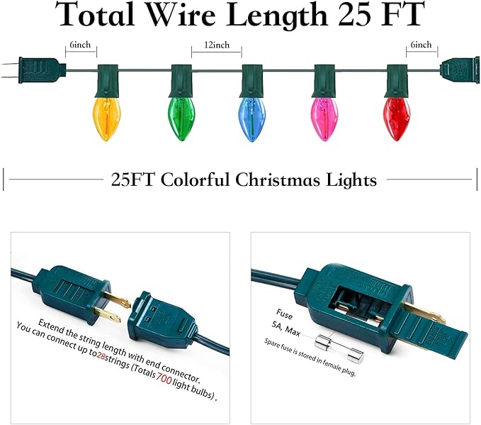 C7 LED Christmas String Lights,25Ft Multicolor Outdoor Lights with 27 Energy-Efficient,Waterproof Clear Bulbs for Indoor/Outdoor Holiday & Party Decor