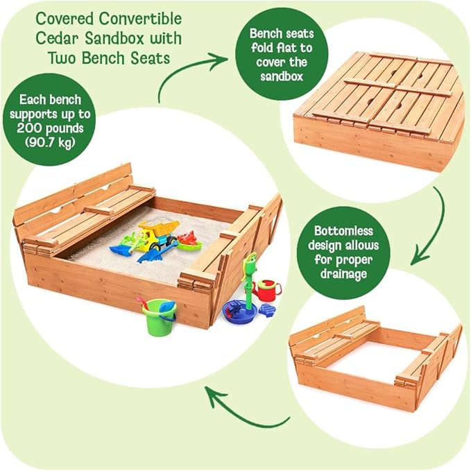 Badger Basket Wooden Sandbox with Lid & Benches - Large Outdoor Sandbox for Kids Made of Cedar - Foldable Cover, Seating & Backyard Playset (46.5 x 46.5 x 9.5)
