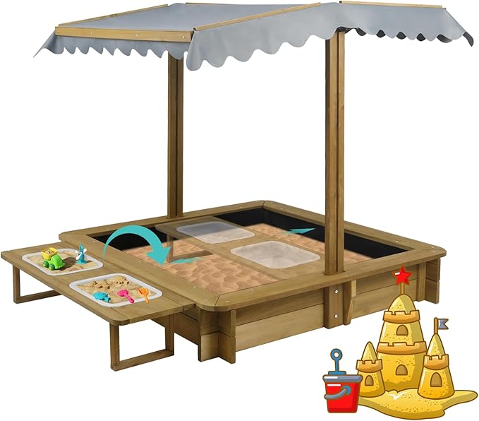 Outdoor Kids Sandbox with Lid, Wooden Sand Box with Cover, with 2 Side Buckets, Adjustable Canopy & UV-Protection, Smooth Surface, Sand Box for Kids Ages 2-8£¨45.3x45.3in£©