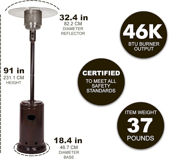 Amazon Basics 46,000 BTU Outdoor Propane Patio Heater with Wheels, Commercial & Residential, Havana Bronze, with Water Tank, 32.1 x 32.1 x 91.3 inches (LxWxH)