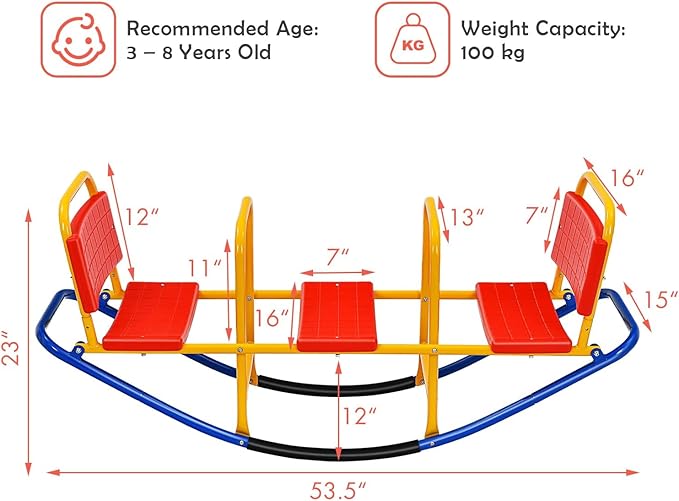 GLACER Teeter Totter Seesaw for Kids, 3-Person Metal Rocking Seesaw for Boys Girls Ages 3-8, 2 in 1 Indoor Outdoor Rocker Toy with Easy-Grip Handles, Playground Equipment for Backyard (Red)