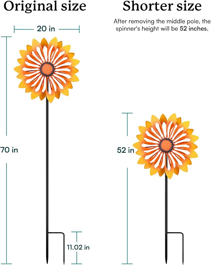 Sunflower Garden Wind Spinners - Kinetic Outdoor Metal Windmill Spinner, Lawn Patio Yard Decor, Birthday & Housewarming Gifts for Family and Friends (70 Inch Hieght)