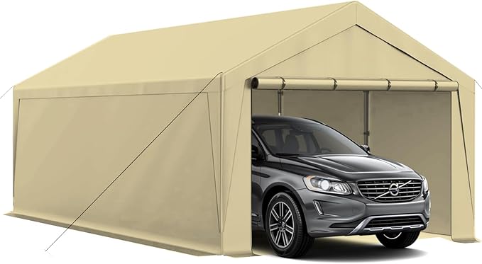 10x20 ft Heavy Duty Carport, Carports Garage with Removable Sidewalls and Reinforced Structure, Outdoor Car Canopy Tent Shelter for Vehicle and Boat (Beige)