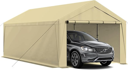 10x20 ft Heavy Duty Carport, Carports Garage with Removable Sidewalls and Reinforced Structure, Outdoor Car Canopy Tent Shelter for Vehicle and Boat (Beige)