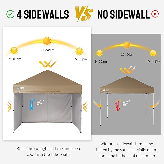 CROWN SHADES 10X10 Comercial Instant Canopy Pop Up Tent with Center Lock (10x10 with 4 Sidewalls, Beige)