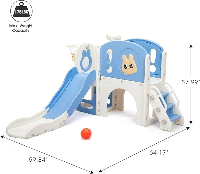 8-in-1 Toddler Slide and Climber Playset, Kids Slide Playground with Stairs, Tunnel, Telescope, Storage, Basketball Hoop and Ball, Indoor Outdoor, 1-3 Years Old, Blue