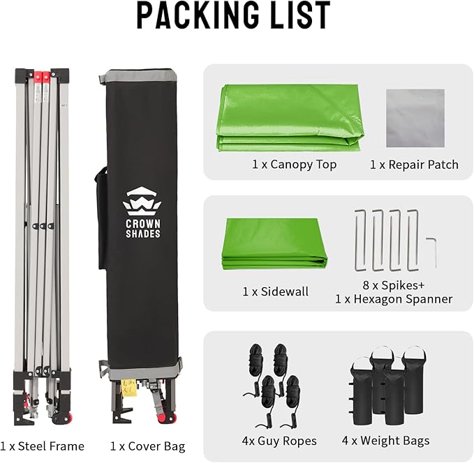 CROWN SHADES 10x10 Pop Up Canopy with 1 Side Wall - Beach Tent with One Push Setup - Outdoor Sun Shade for Events, Parties, Camping - Gazebo with STO-N-Go Cover Bag (Green)