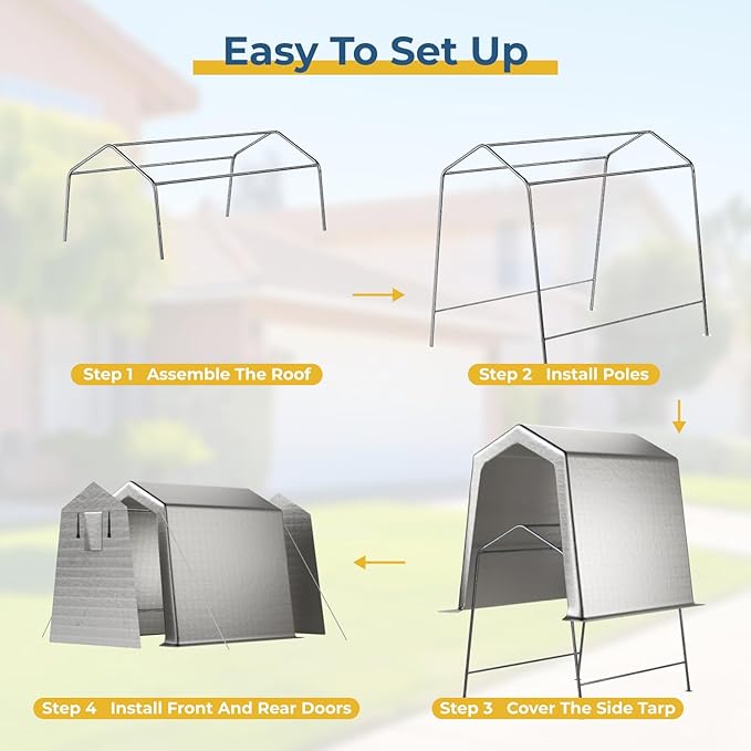 6 x 8 FT Carport, Portable Shed w/220G Heavy Duty Waterproof PE Tarp, Roll-up Zipper Door & Vent, Weather-Resistant Storage Shed for Motorcycle, Bike and Tools, Gray