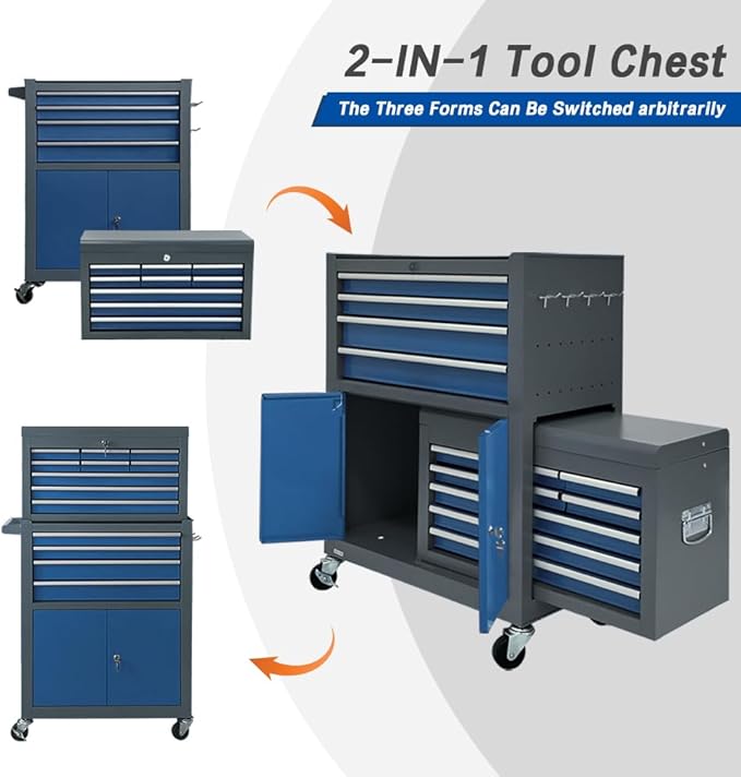 13-Drawer Rolling Tool Chest with Double Door, Extra Large Storage Cabinets with Tool Box, 2-in-1 Detachable Design, 600 lbs Capacity with Lockable Wheels for Garage, Mechanic & Home Use (Blue£¦Grey)