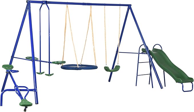 Outsunny Swing Set for Backyard, 5 in 1 Heavy-Duty A-Frame Stand Outdoor Playset for Kids with 29.5 Saucer Swing, Slide, Seesaw, Glider, Swing Seat, Blue