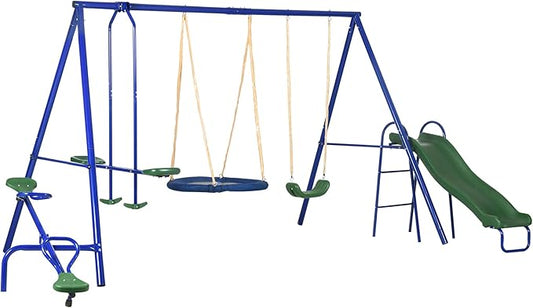 Outsunny Swing Set for Backyard, 5 in 1 Heavy-Duty A-Frame Stand Outdoor Playset for Kids with 29.5 Saucer Swing, Slide, Seesaw, Glider, Swing Seat, Blue