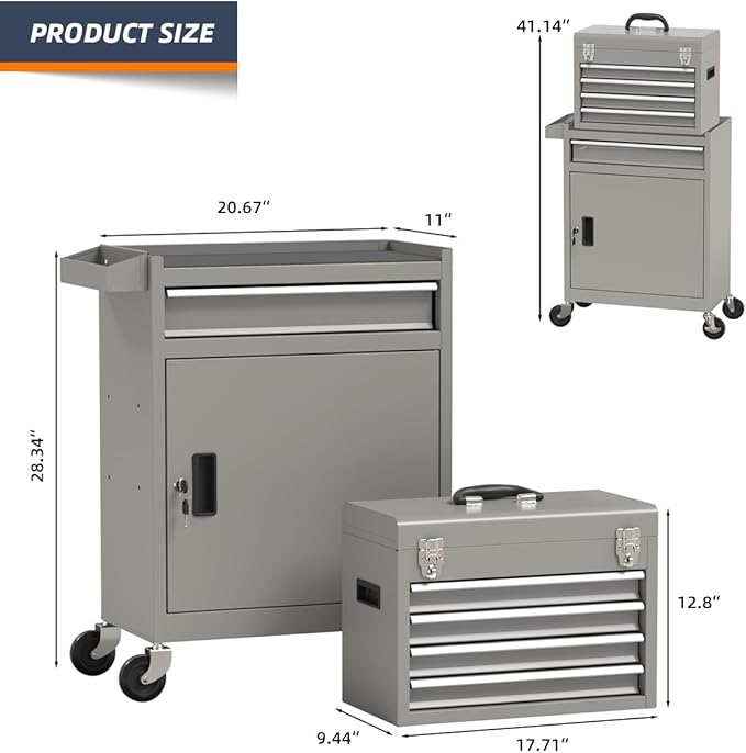 5-Drawer High Capacity Rolling Tool Box, Removable Cabinet Storage Tool Chest with Wheels and Drawers, Detachable Toolbox with Lock for Mechanics Garage Workshop and Tool Room (Grey)