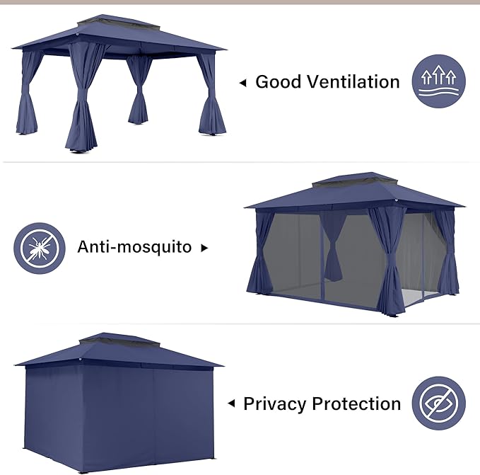 LAUSAINT HOME 10x13ft Outdoor Patio Gazebo with Double Roof, Heavy Duty Waterproof Gazebo Canopy Tent with Mosquito Netting for Backyard, Garden, Lawn & Wedding, Navy Blue