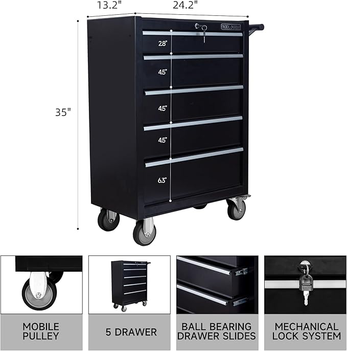 5-Drawer Rolling Tool Chest with Locking Wheels & Drawers, 13 D x 24.2 W x 34.6 H Mobile Tool Storage Cabinet, Heavy-Duty Garage Organizer w/Ergonomic Handle