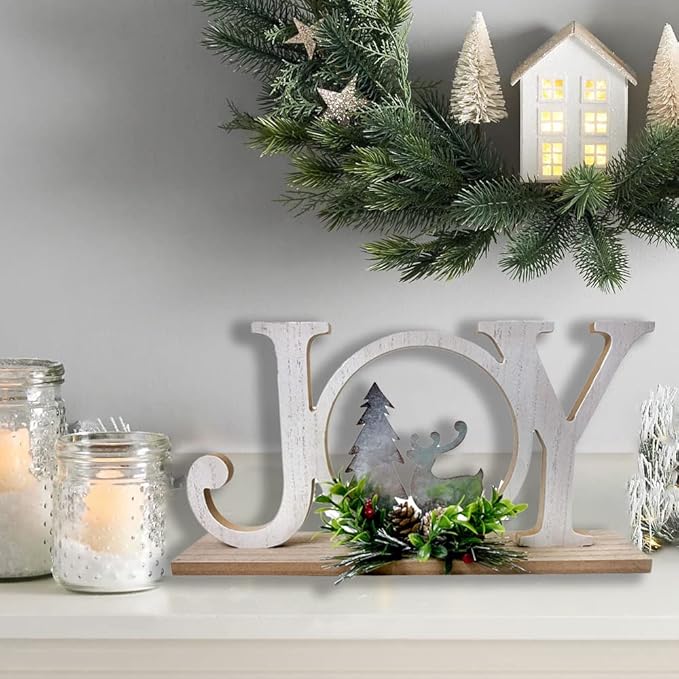 Christmas Table Decorations Joy Farmhouse Christmas Tree Elk Sign Wooden Winter Rustic Decor Vintage Holiday Block for Home Kitchen Xmas Party Mantel Tiered Tray Gift