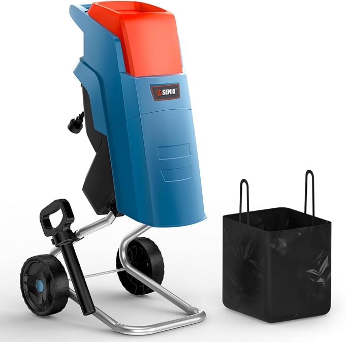 SENIX 15 Amp Electric Wood Chipper, Shredder, Corded Mulchers - 1.6 inch Cutting Diameter, 1.3 Bushel Collection Bag, 22:1 Reduction, Max Speed 4000RPM
