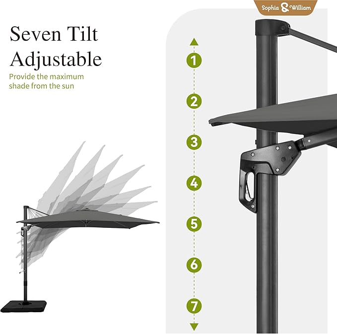 Sophia & William Cantilever Patio Umbrella 10ft, Large Square Outdoor Umbrellas with Crank Handle, 7-Level Tilt and 360° Rotation, Windproof Crashproof Design for Pool Garden Backyard with Base (Grey)