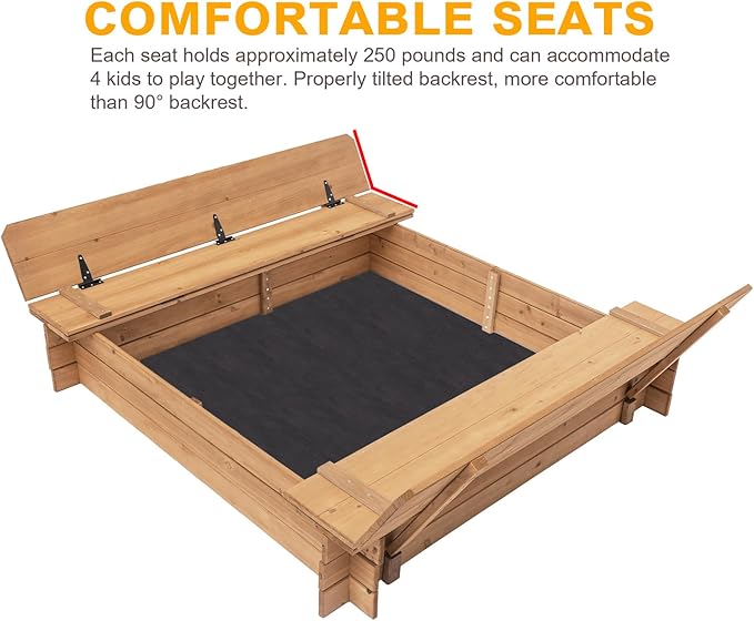 BIRASIL Wood Sandbox with 2 Bench Seats, Sand Boxes with Lid for Kids, Sand Pit with Cover for Outdoor Backyard Patio, 48 Inch