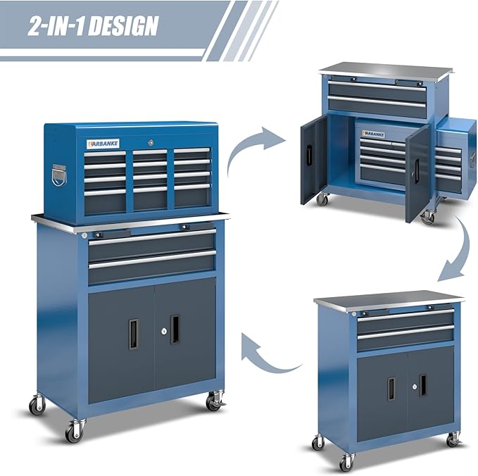 LARBANKE 8-Drawer Rolling Tool Chest with Wheels and Door,Tool Box with Sliding Drawer,Stainless Steel Countertop Tool Chest,can Form Large Workbench,for Garage Workship