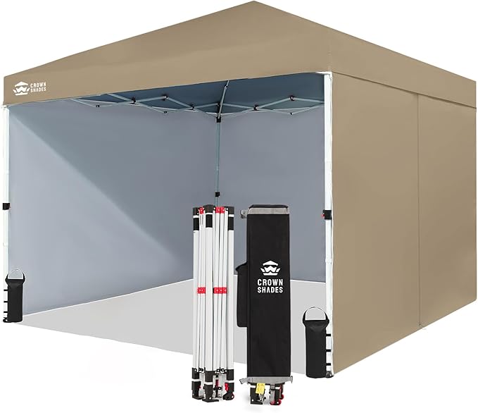 CROWN SHADES 10X10 Comercial Instant Canopy Pop Up Tent with Center Lock (10x10 with 4 Sidewalls, Beige)