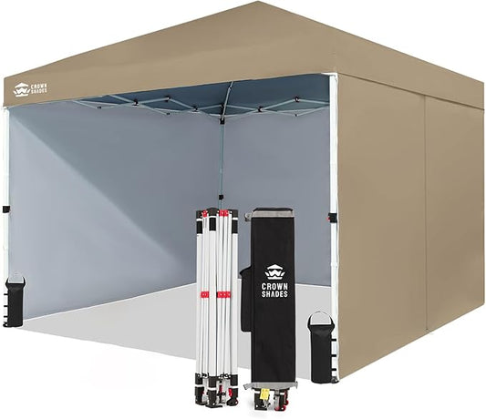 CROWN SHADES 10X10 Comercial Instant Canopy Pop Up Tent with Center Lock (10x10 with 4 Sidewalls, Beige)