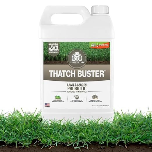 Turf Titan Thatch Buster Lawn Aerator & Grass Dethatcher (1 Gallon) ? All-Natural Liquid Soil Loosener & Conditioner for Green Grass ? Healthy Soil in 45 Days ? Covers Up to 32,000 Sq Ft